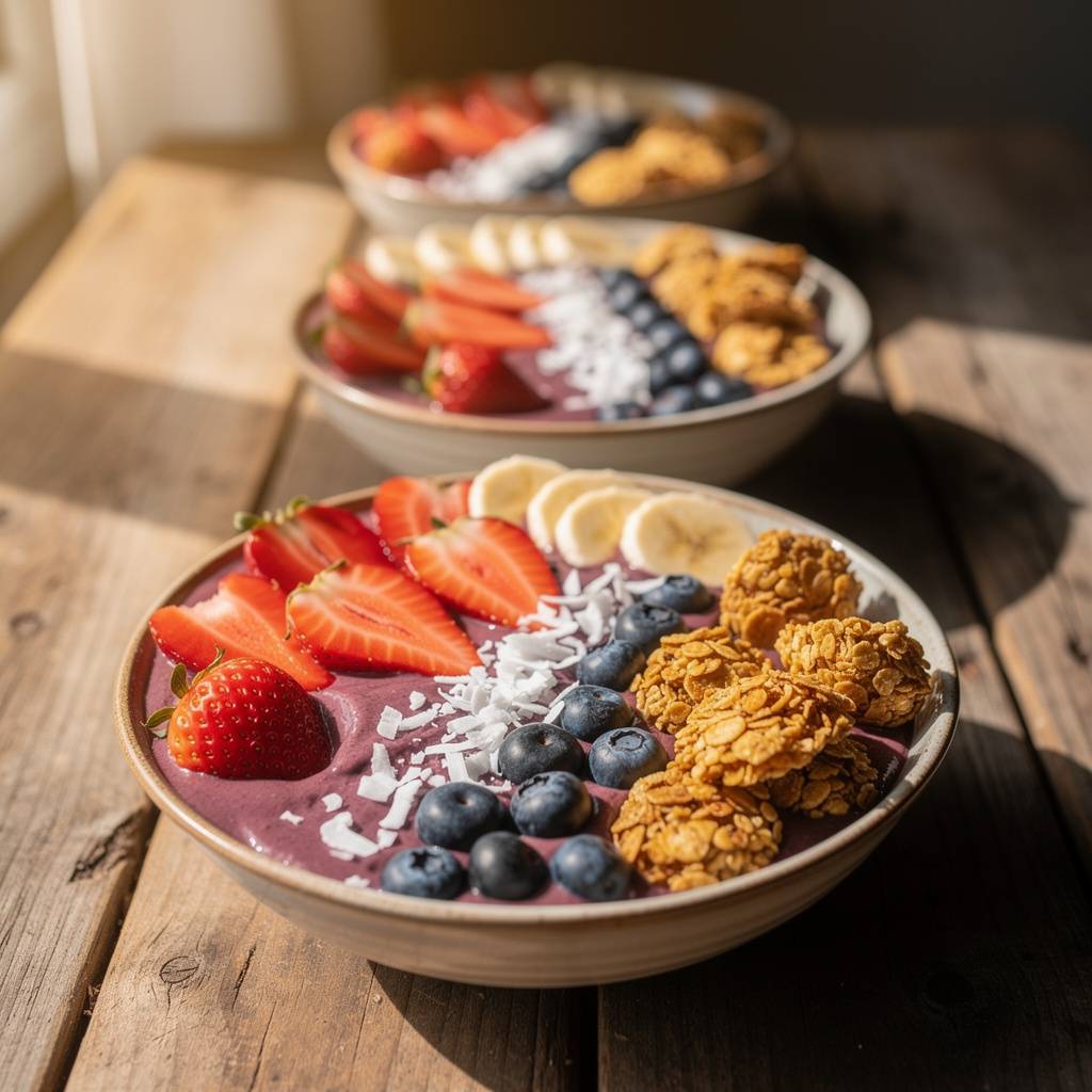 Purple açai bowls lined on wooden table topped with sliced berries banana granola and coconut