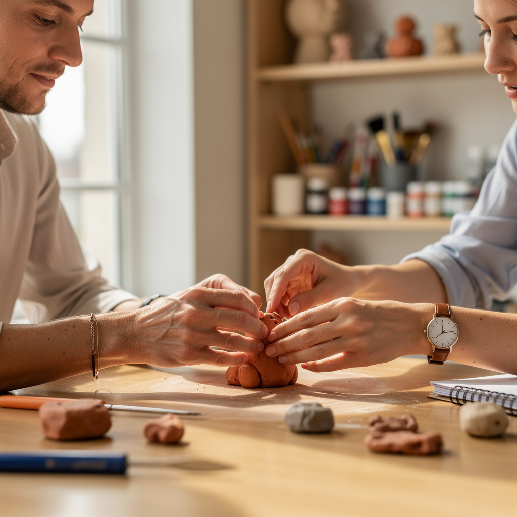 Licensed art therapist guiding a clay sculpture session — hands working with colored sculpting clay in a calm therapeutic setting