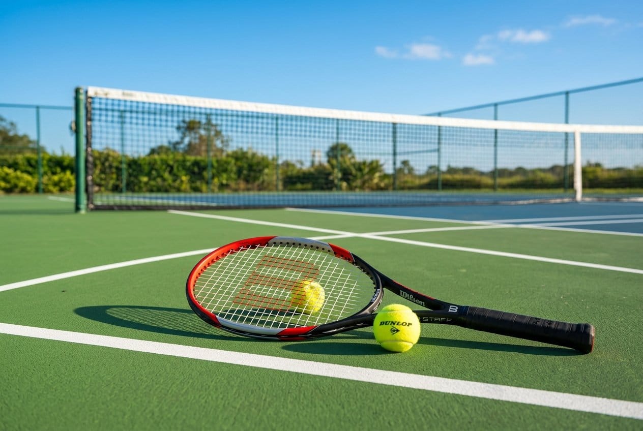 Tennis racket and ball on a sunny court — Dr Paul Tennis Lessons