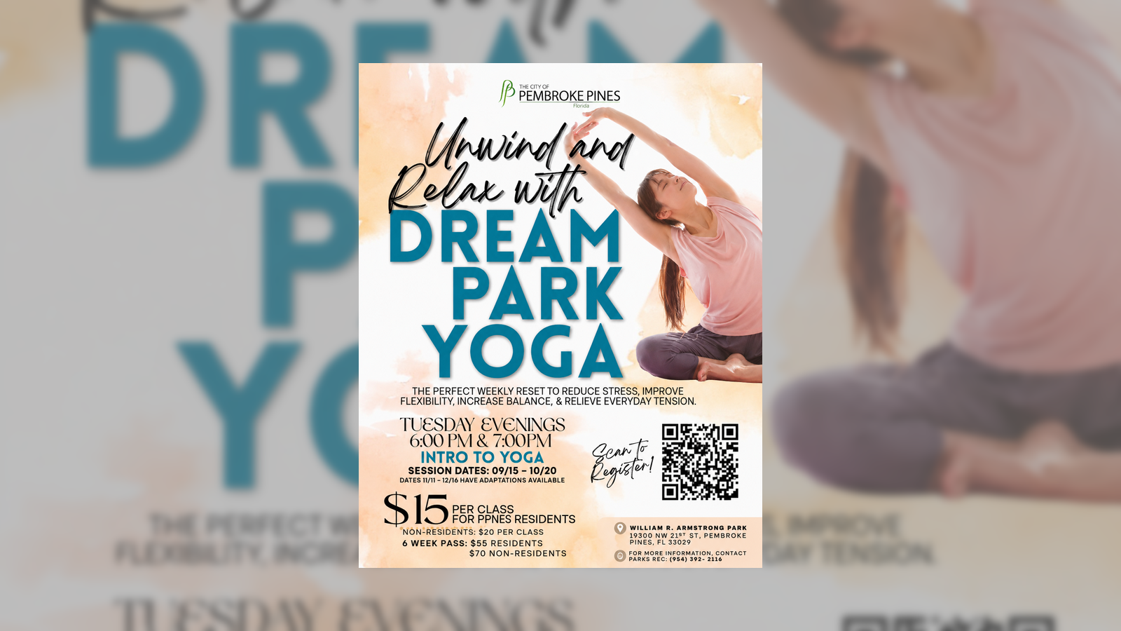 Dream Park Yoga flyer — woman stretching in yoga pose with City of Pembroke Pines branding