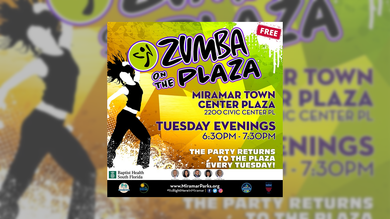 Zumba on the Plaza flyer — colorful design with dancers, Miramar Town Center Plaza, every Tuesday 6:30 PM, free, sponsored by Baptist Health
