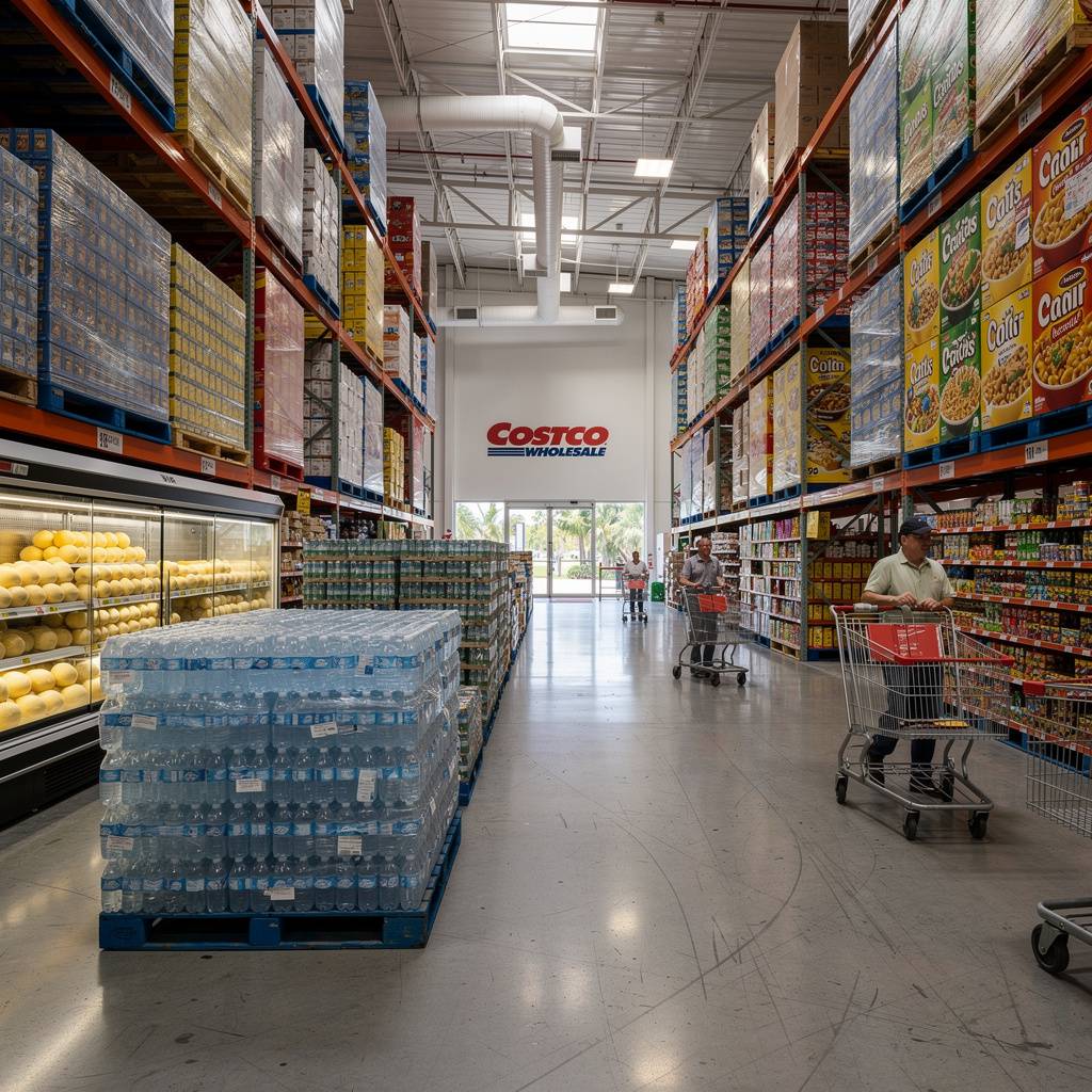 Warehouse club interior with towering bulk merchandise displays