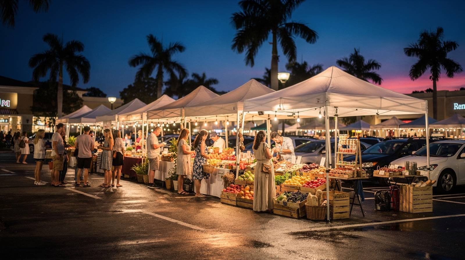 Pembroke Lakes Mall Night Market — Thursday evening farmers market with vendor tents and fresh produce in the mall parking lot