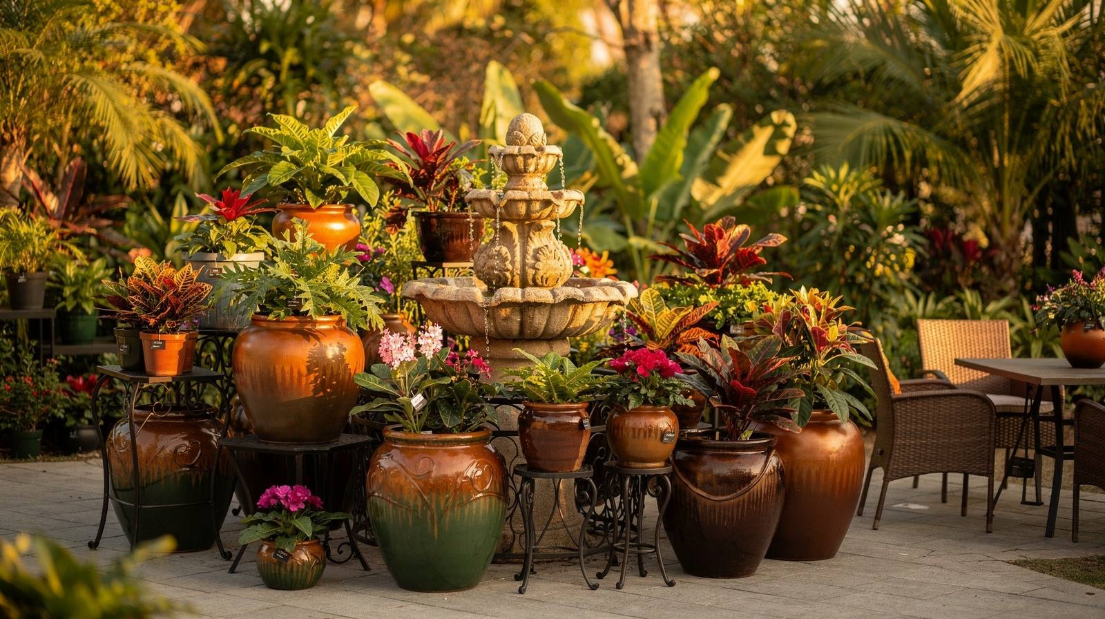 Boutique garden center display with ornamental pottery, water fountains and curated plant arrangements