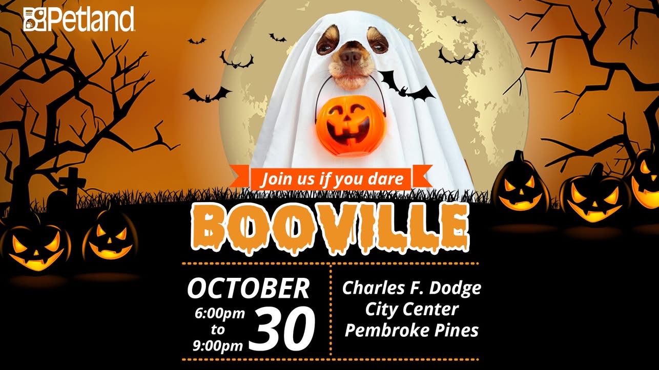 Booville 2026 — Petland official flyer showing October 30, 6-9 PM at Charles F. Dodge City Center, Pembroke Pines