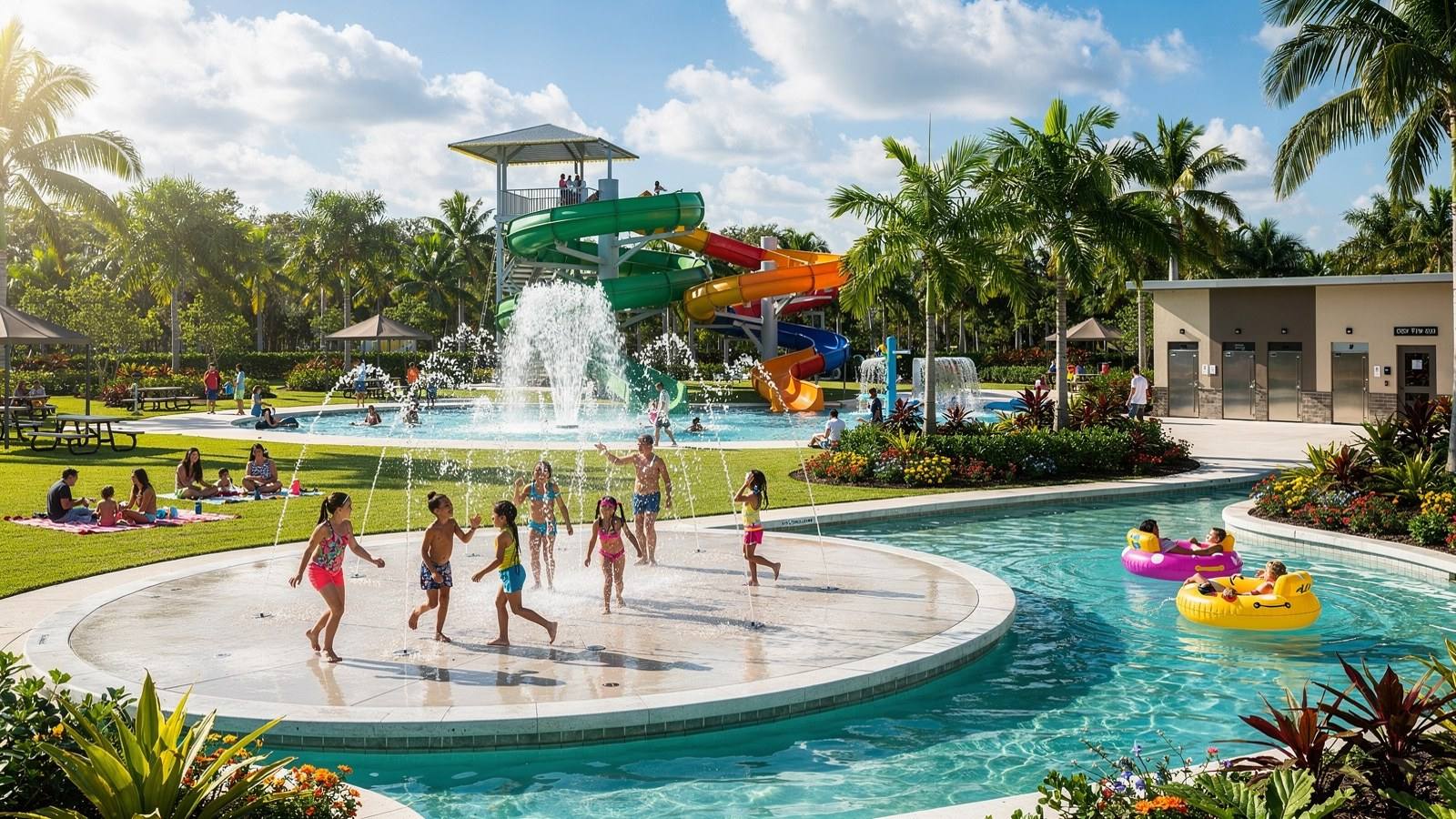 Children playing in the splash pad and water playground at C.B. Smith Park on a sunny South Florida day