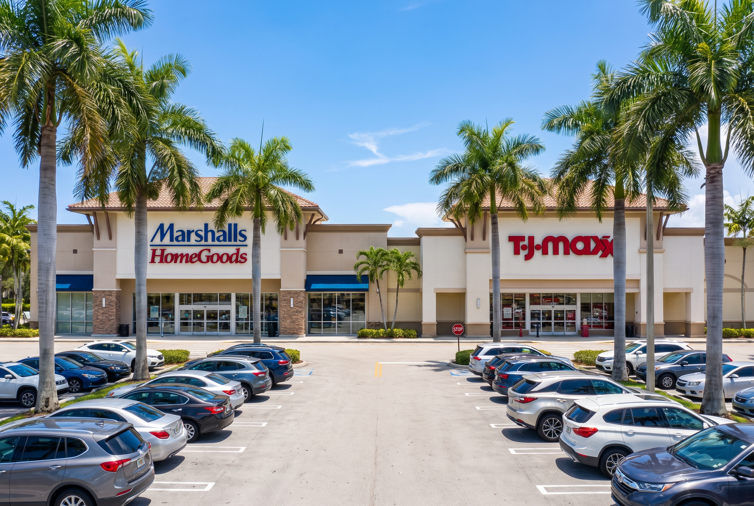 Westfork Plaza storefronts along Pines Boulevard in Pembroke Pines, Florida with palm trees and landscaped walkways