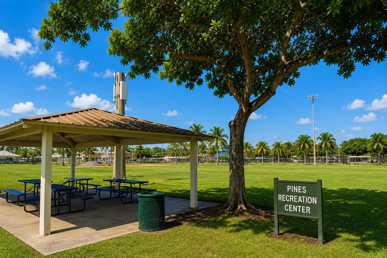 Pines Recreation Center shaded picnic pavilion with green field, palm trees, sports lights, and playground structures under blue sky in Pembroke Pines, Florida