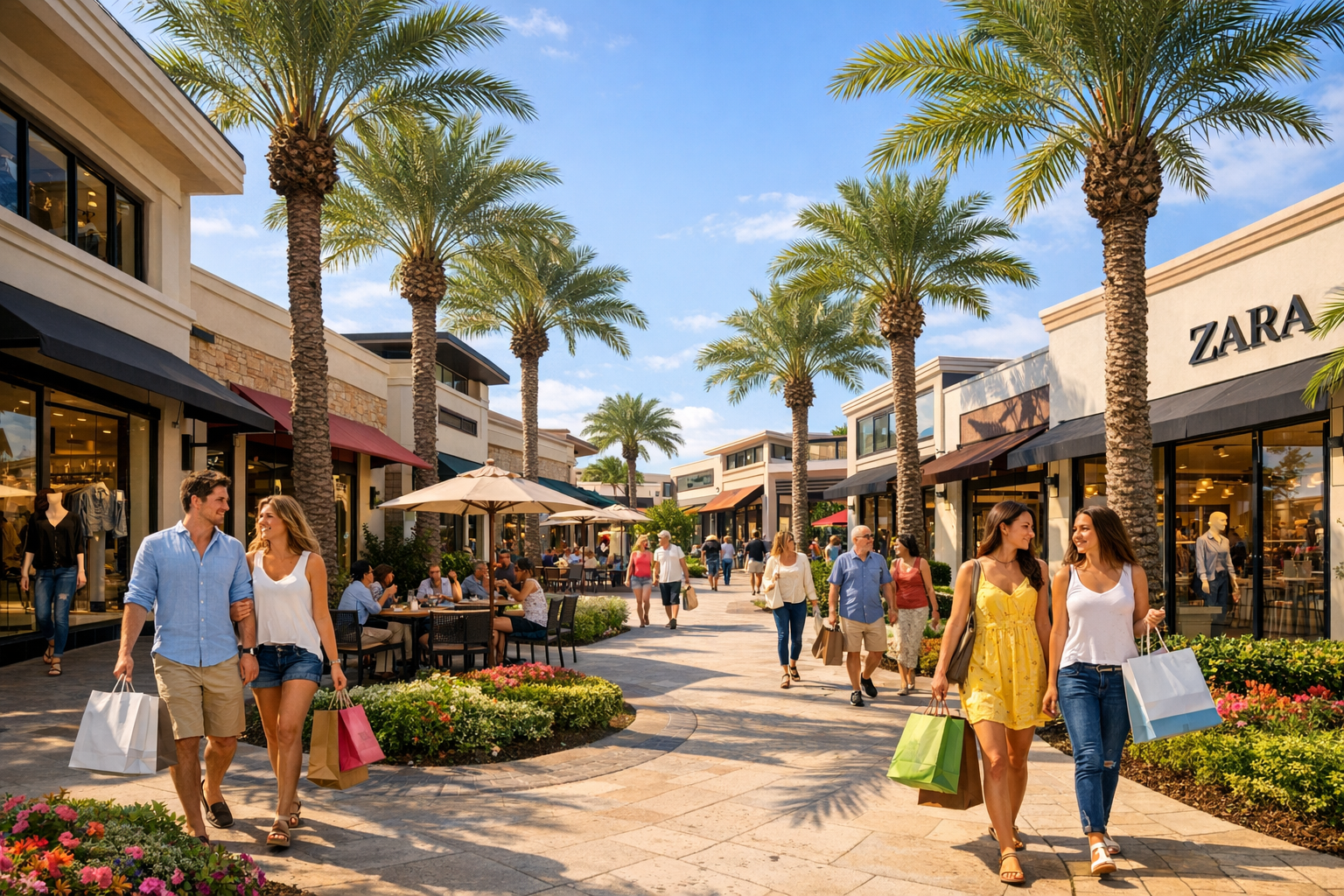 Open-air shopping center in Pembroke Pines with palm trees, storefronts and shoppers on a bright Florida day