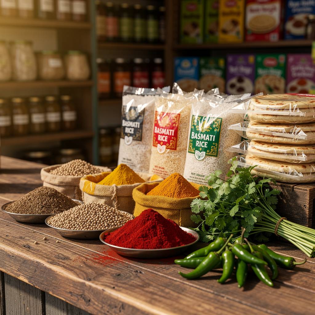 Indian grocery store counter with spices, rice, and fresh produce