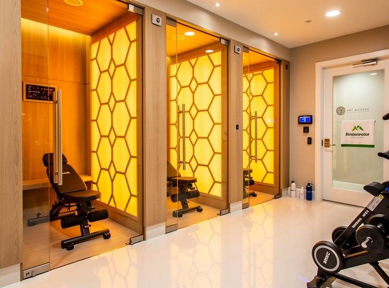 Representative infrared sauna fitness studio with warm amber lighting and modern pod design — editorial placeholder image, not an actual photo of this business