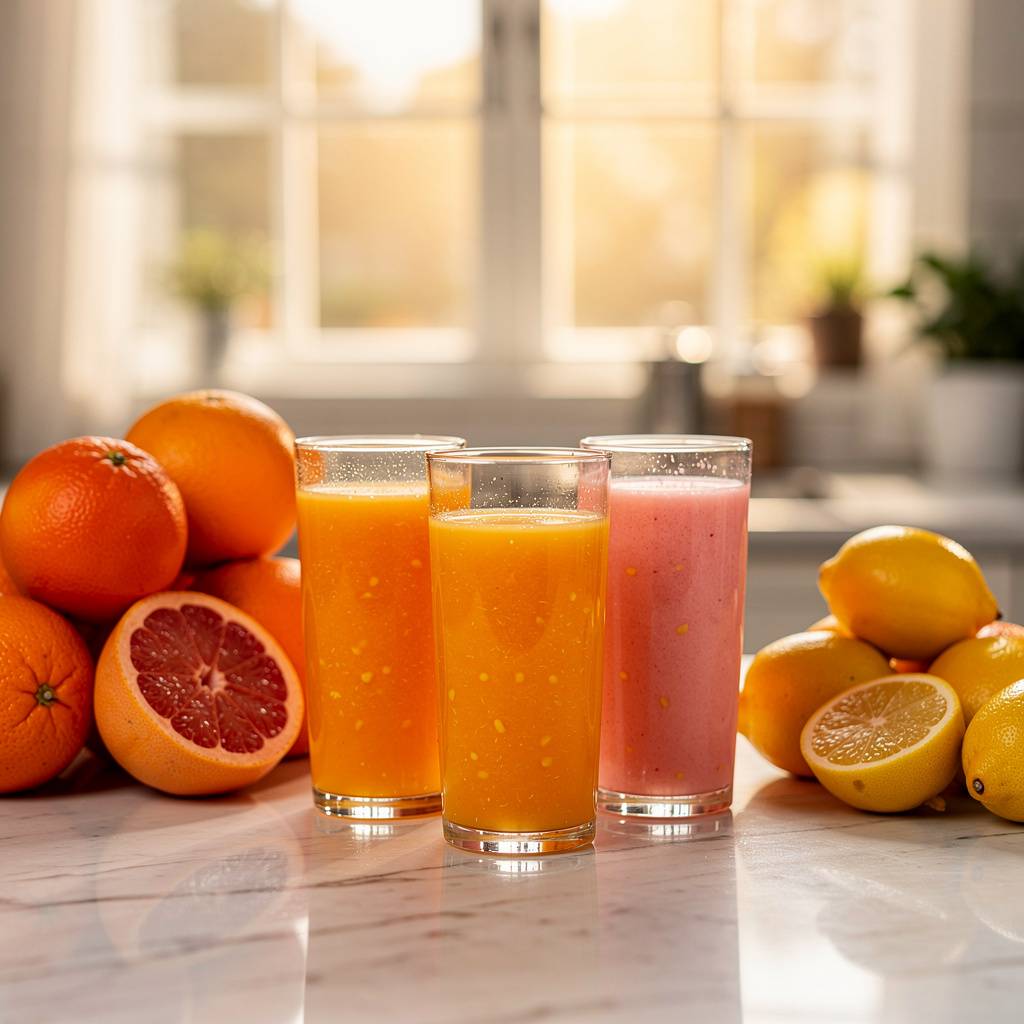 Fresh-squeezed citrus juice in tall glasses beside whole oranges and grapefruit