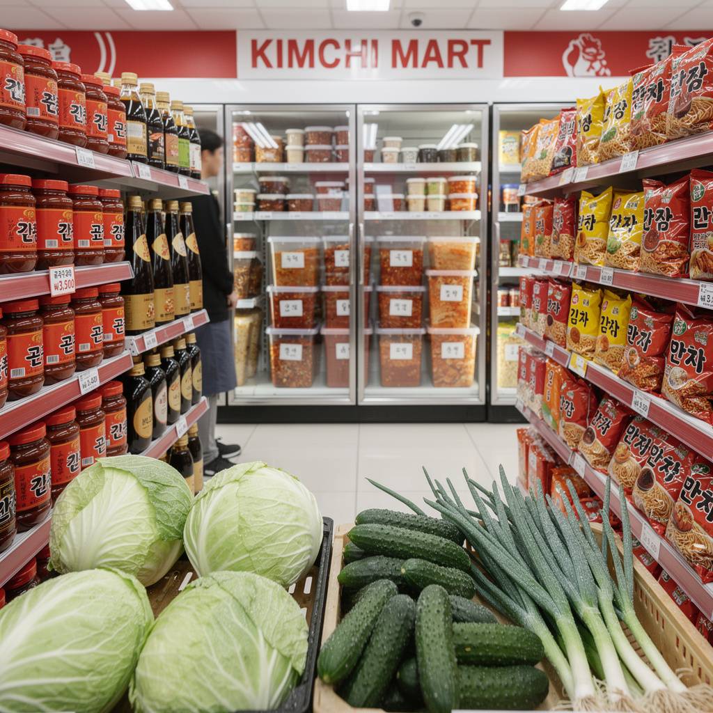 Korean grocery store interior with shelves of Korean ingredients and fresh produce