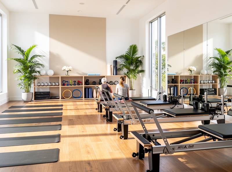 Representative reformer and mat Pilates studio with wooden floors and natural light — editorial placeholder image, not an actual photo of this business