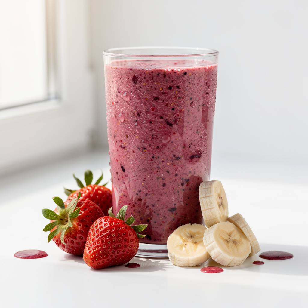 Thick mixed berry strawberry banana smoothie in clear glass showing real fruit pulp and seeds with strawberries and banana slices beside