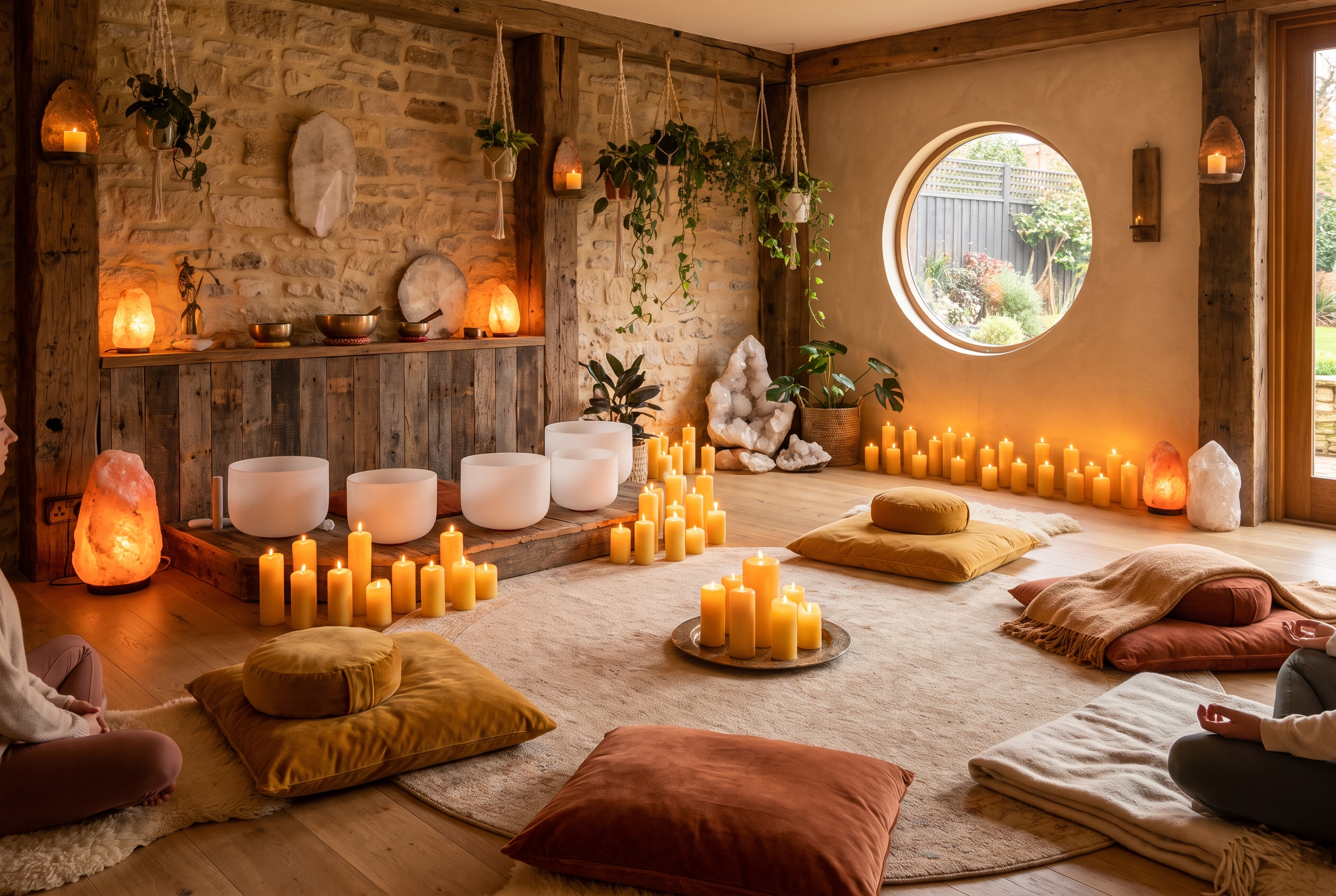 Representative yoga studio with soft lighting and a calm, spiritually-centered ambiance