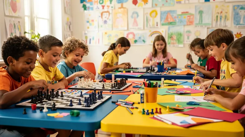 Children playing chess and working on art projects during a summer enrichment camp session