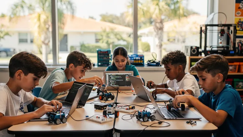 Students actively coding on laptops in a bright tech learning environment