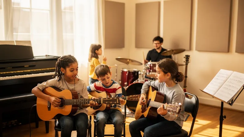 Diverse children playing instruments during a private music lesson
