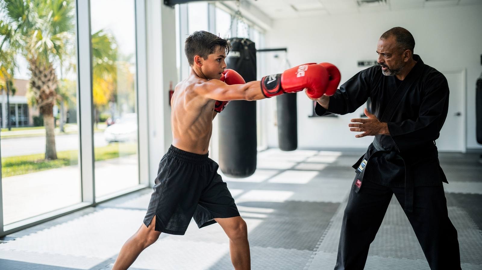 Teenager practicing kickboxing with red gloves at a modern martial arts gym with palm trees visible through large windows