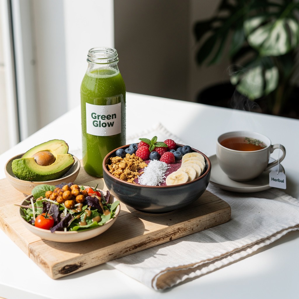 Wooden board with organic açai bowl fresh berries granola beside green juice bottle small avocado chickpea salad herbal tea