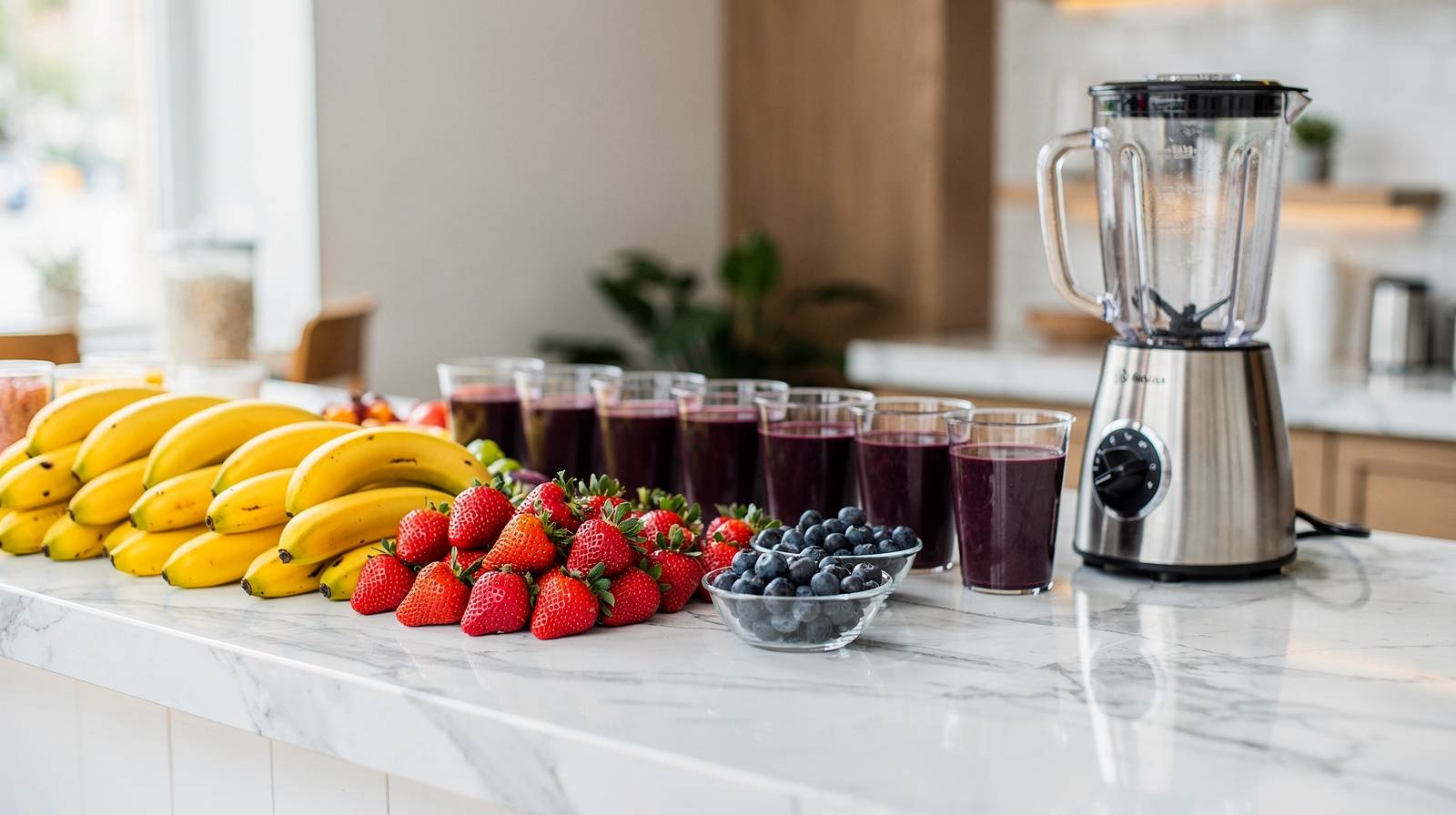 Fresh Kitchen — fresh juice and smoothie prep station with bananas, berries, and blender