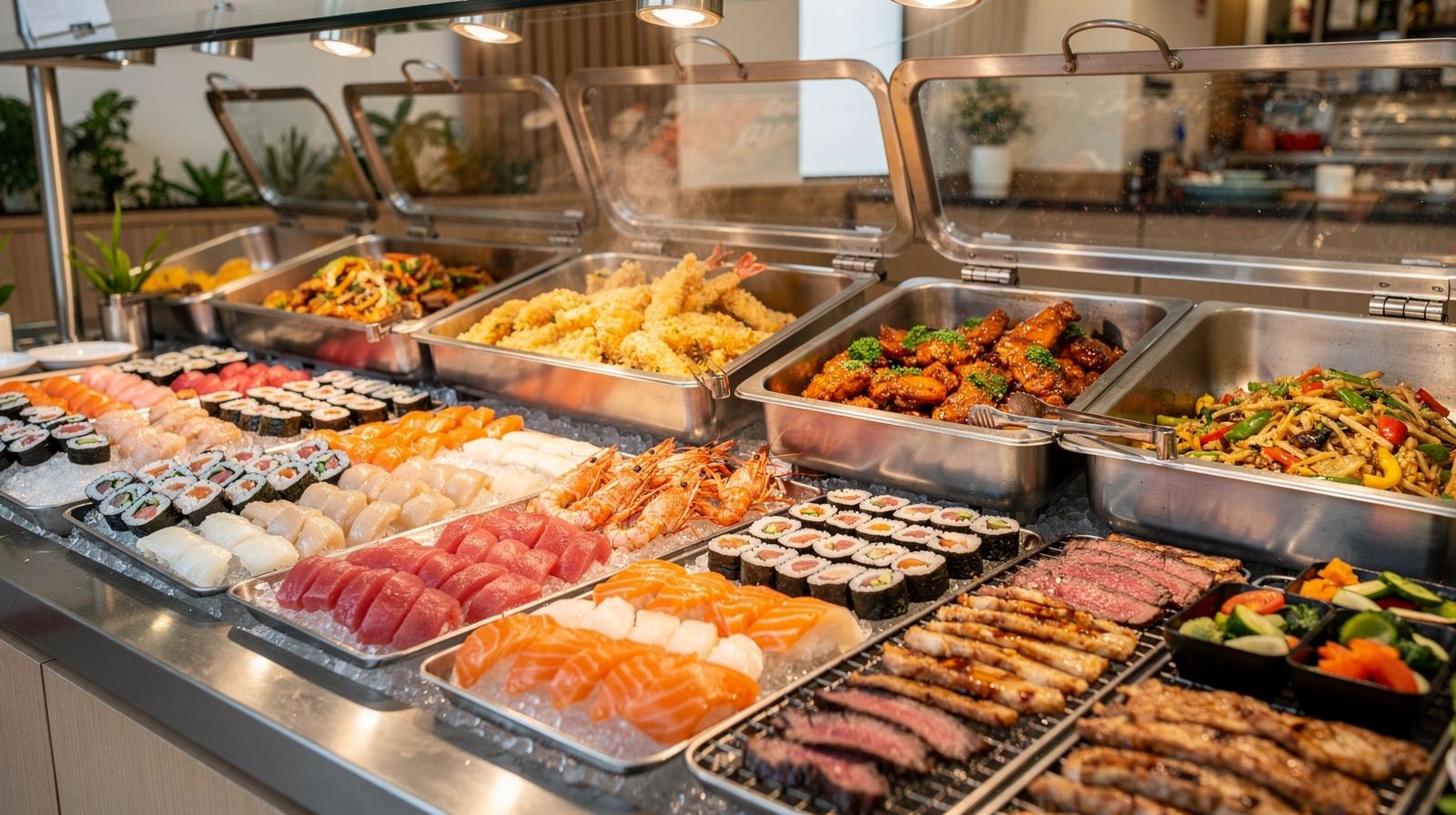 Japanese all-you-can-eat buffet display featuring sushi, sashimi, and hibachi selections