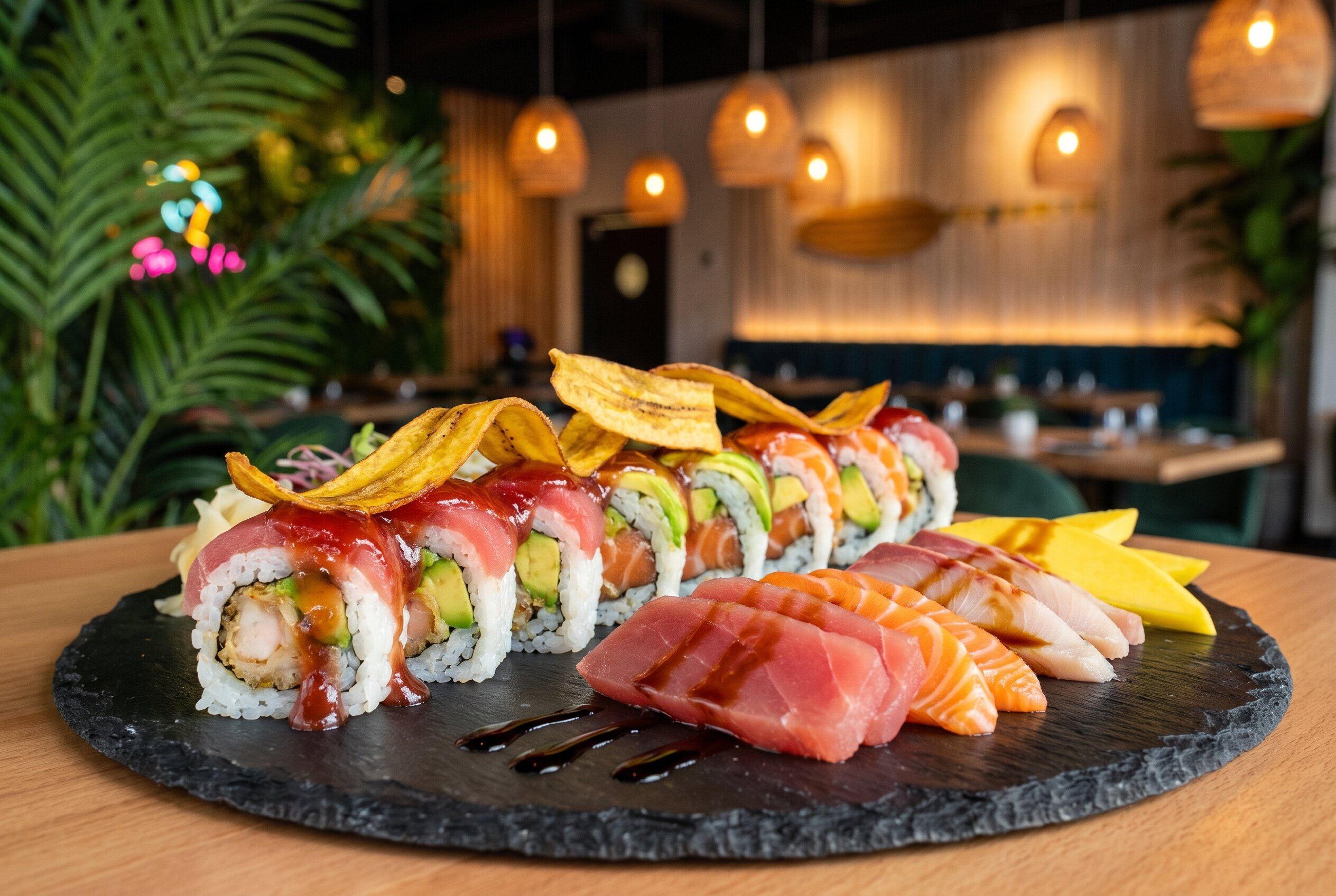 Latin-fusion sushi presentation with colorful rolls and tropical-inspired ingredients