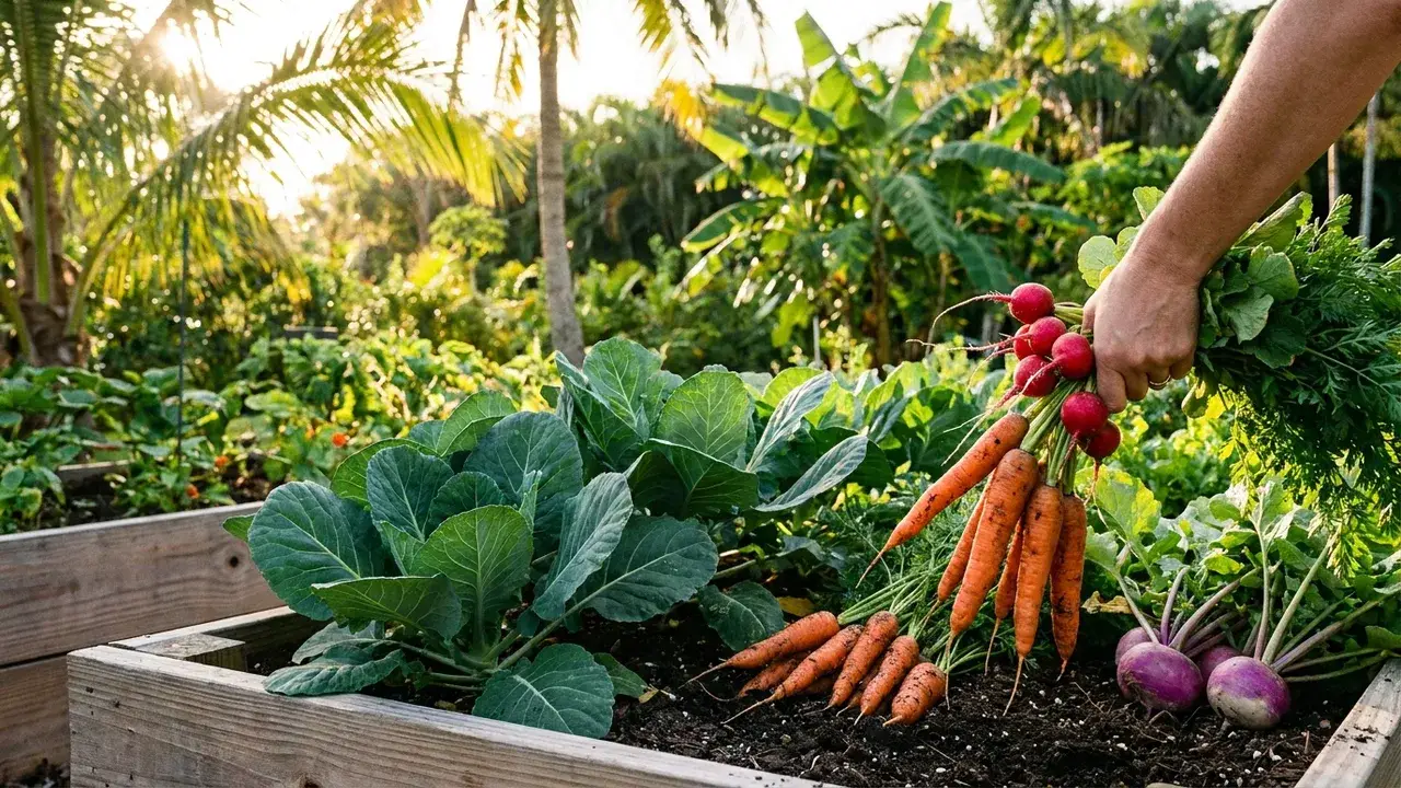 Fall harvest vegetables: collard greens, carrots, radishes, and turnips in raised beds
