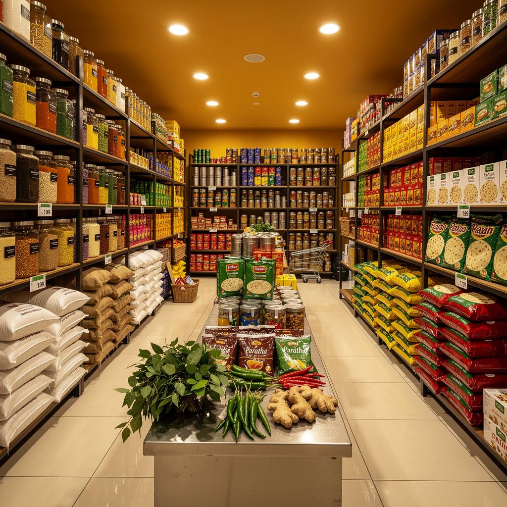 Indian and Pakistani grocery store with colorful spices, lentils, and flatbreads