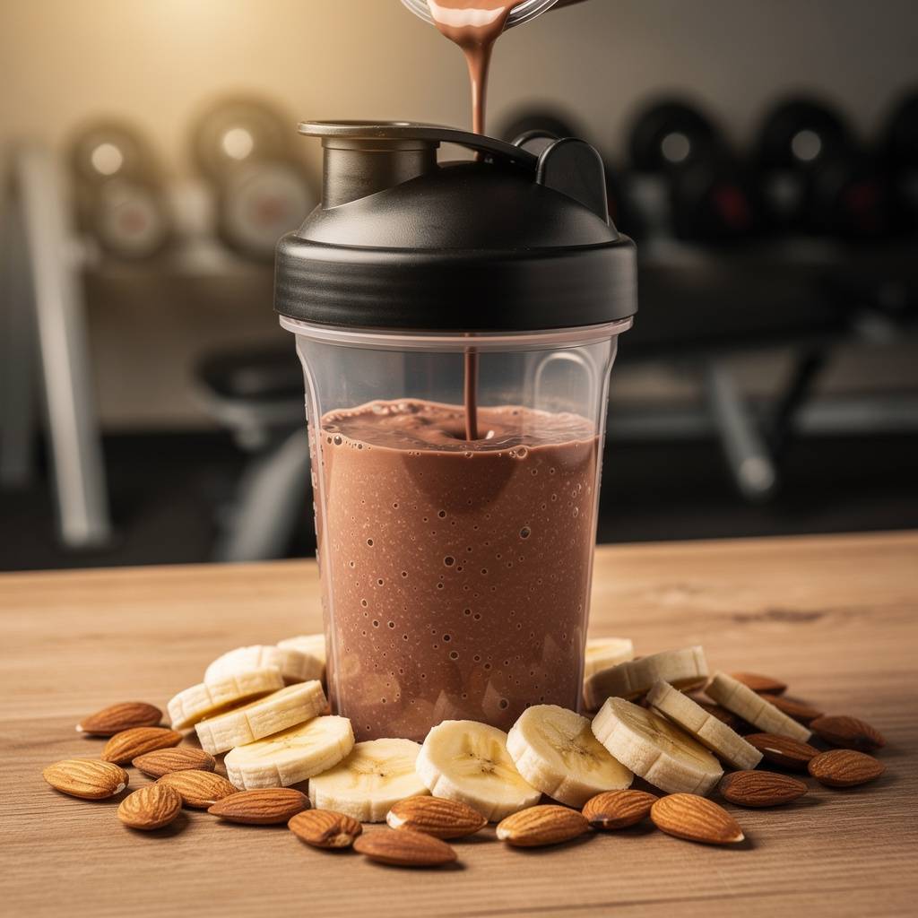 Thick chocolate protein shake on marble countertop beside whole banana rolled oats and almonds