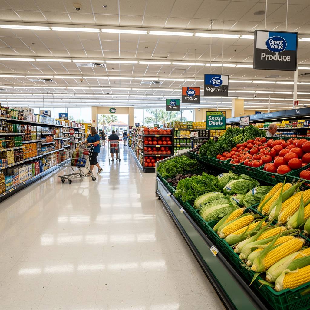 Large supermarket interior with wide aisles and everyday value products
