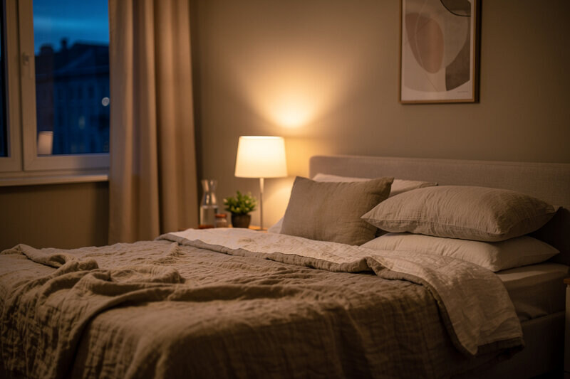 Cozy bedroom interior in soft evening twilight with warm amber accent lighting and layered linens