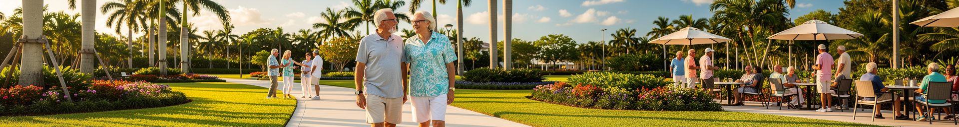 Active older couple walking along a tree-lined path in a South Florida residential community, with neighbors socializing at an outdoor café